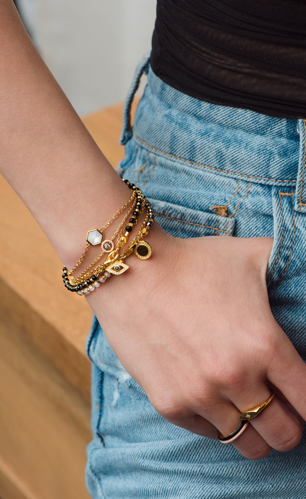 CHUNKY GOLD BRACELET STACK WITH GOLD MOONSTONE BRACELET AND EVIL EYE BRACELET